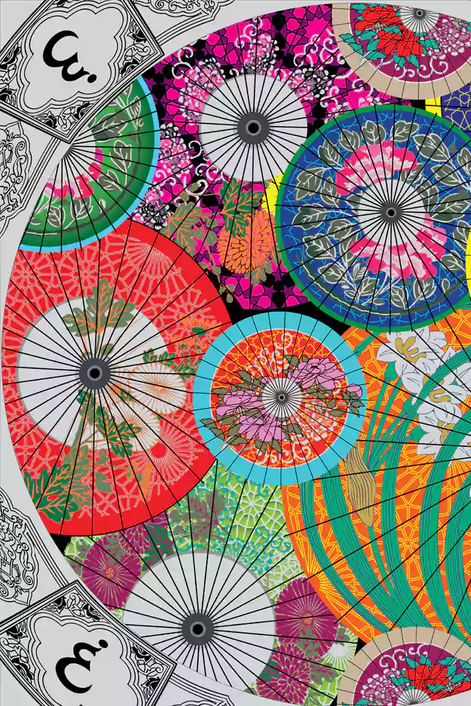 Oriental garden textile print featuring Japanese fans and florals from Ibn Battuta collection, minted as NFT.