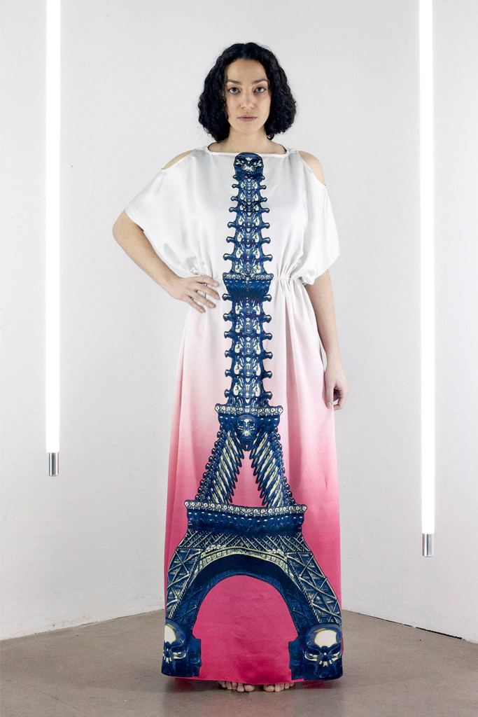Silk kaftan of Eiffel tower print inspired from HR Giger work shot in berlin in a show room during berlin fashion week