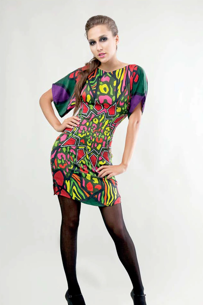 Short shift dress in neon animal print crystallized by Swarovski