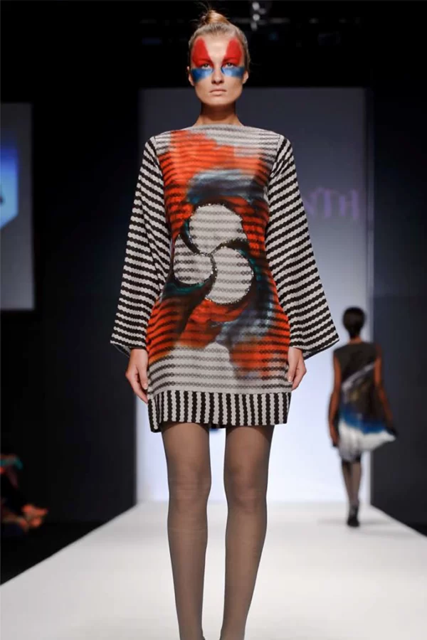 colored short dress of geometric patterns showed in the runway of Dubai fashion week
