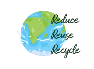 Illustration of Earth with the message Reduce, Reuse, Recycle promoting environmental sustainability of slow fashion.