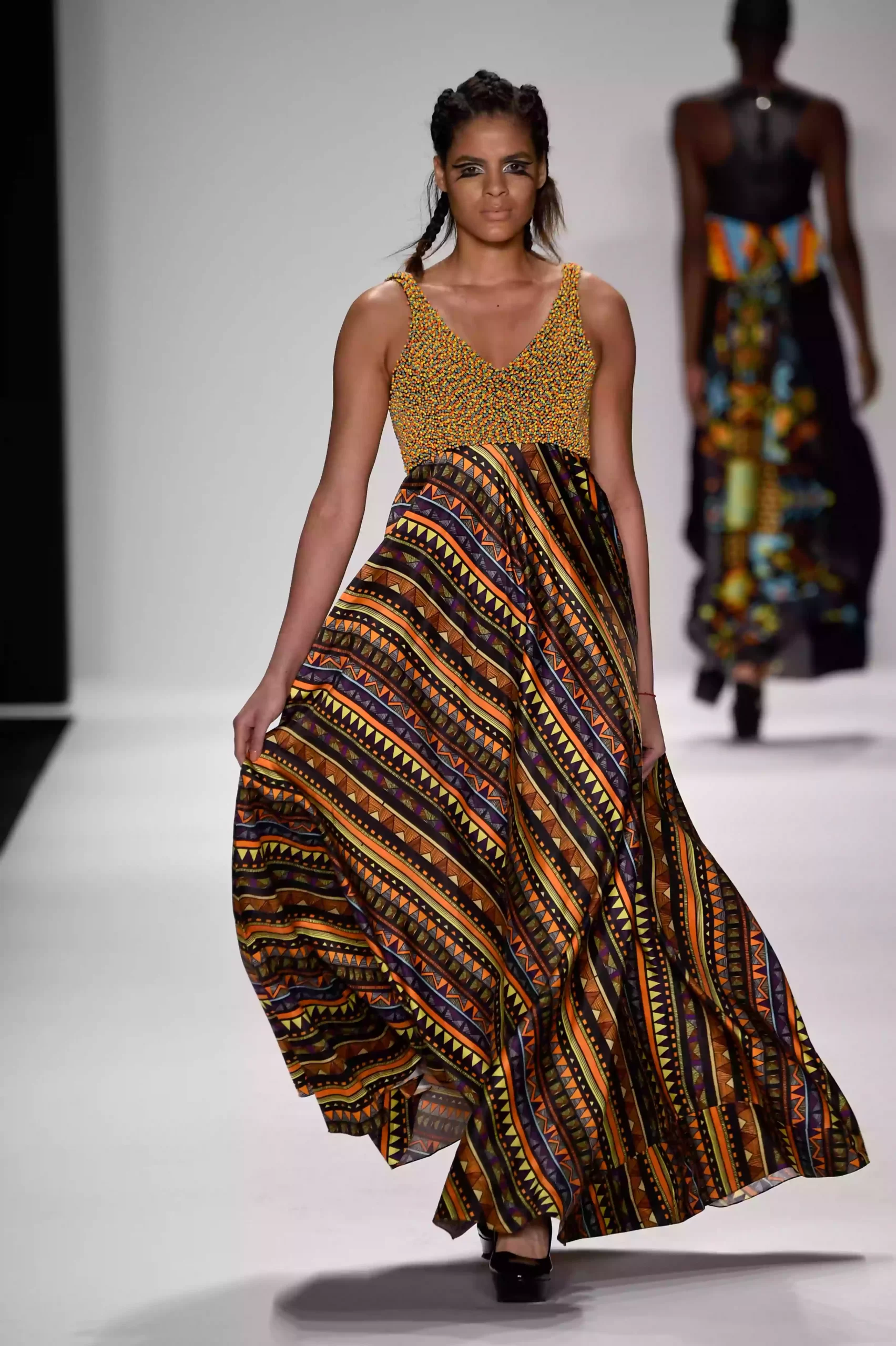 SS15 hand bead bustier long tribal print silk dress scaled