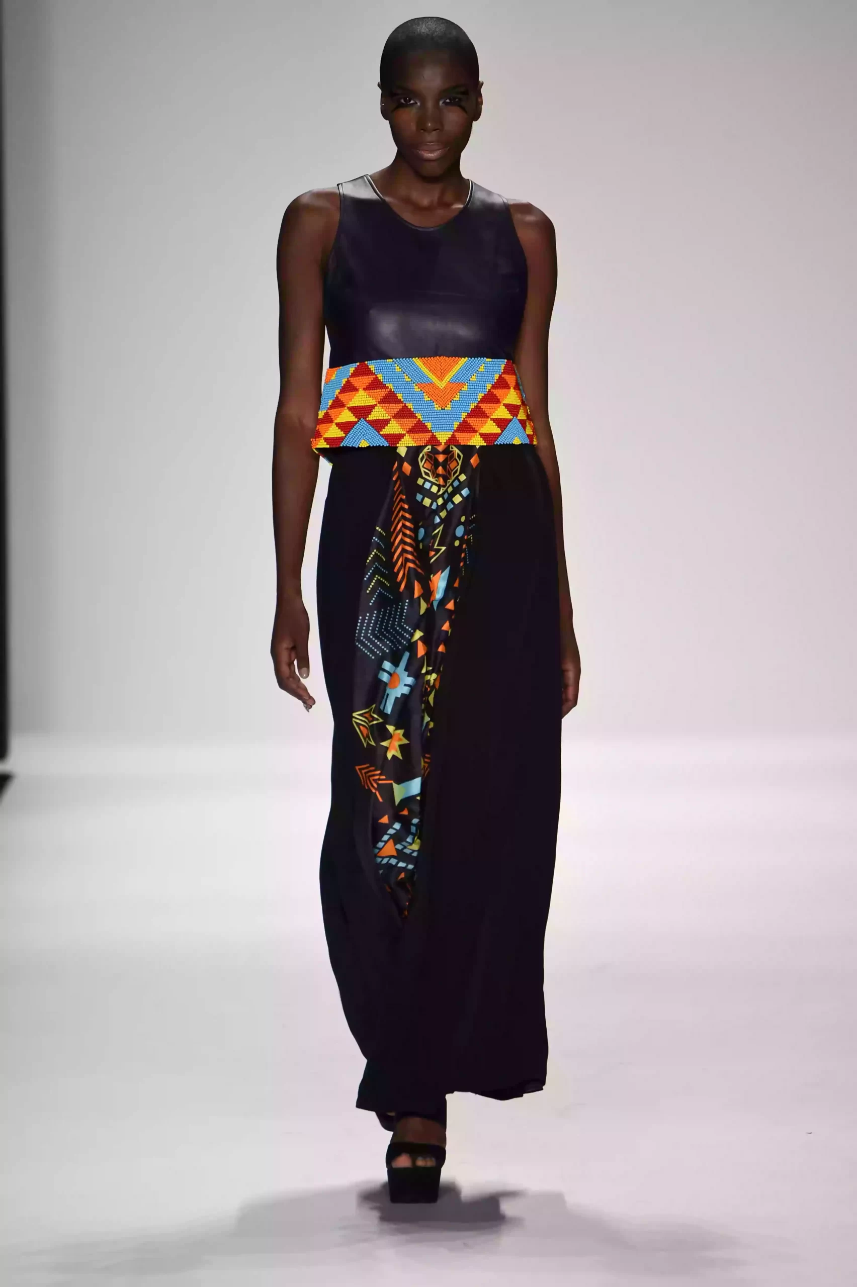 SS15 hand bead leather top and silk long skirt scaled