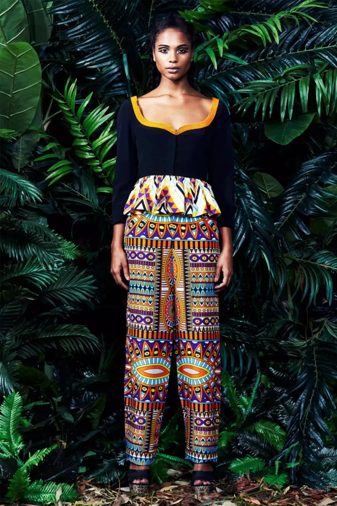 LOOK15 Beaded ruffle top american tribal print trousers