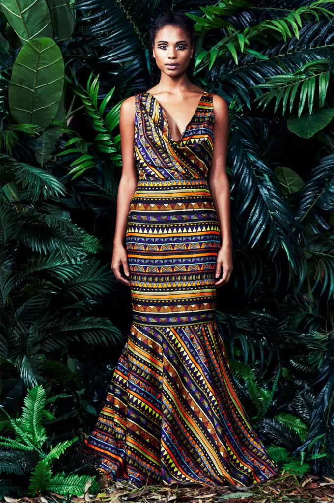 LOOK21 tribal print cowl neck bias cut long dress