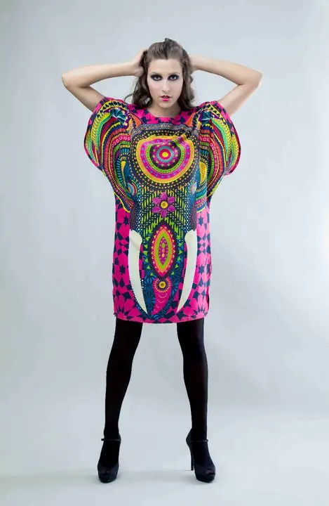 Best-selling short habutai silk dress with pink and black Islamic art background, Indian elephant print in geometric style, and Swarovski crystal embellishments.