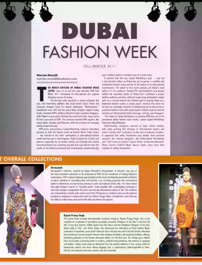 Shrekahnth Dubai Fashion Week Collection was reviewed in an Arab news magazine in Saudi Arabia.