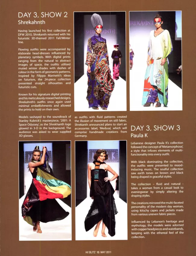 Shrekahnth Dubai Fashion week collection Reviewed in Hi Blitz magazine from Dubai, Uae